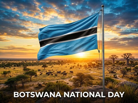 Botswana flag waving on a metal pole against a sunset sky over an african savanna landscape with a herd of elephants grazing among acacia trees and dry grass during golden hour
