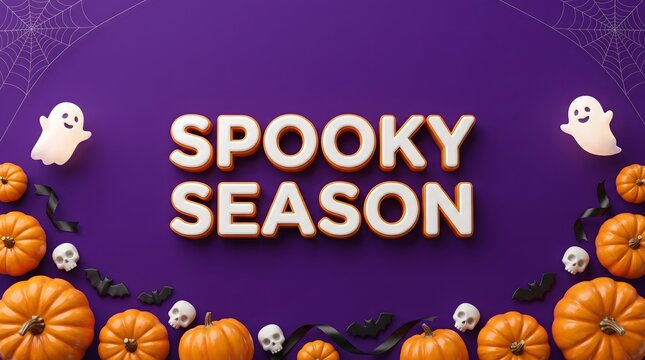 Spooky season typography with pumpkins ghosts and bats on purple background