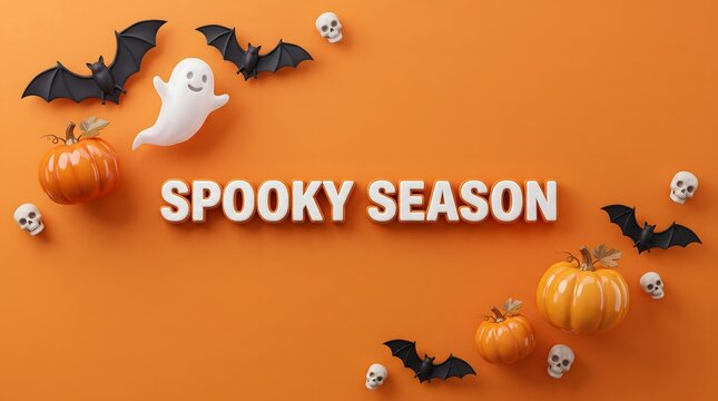 Halloween decorations with pumpkins bats and ghost on orange background