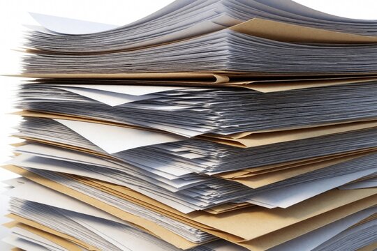 Tall stack of messy office papers, reports, and documents. Some sheets are loose, forming paper chaos on a white background. Represents workload and disorganization.