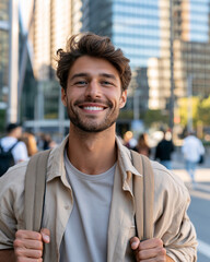 Obraz premium Urban scene with smiling young man walking through city streets. Soft sunlight highlights his tousled hair and warm expression. He wears casual beige jacket over a simple tee