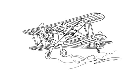 Vintage Biplane Aircraft Flying Line Art Illustration Isolated © Wesi