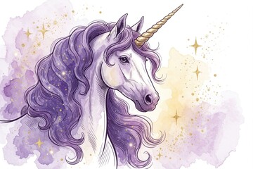 Fototapeta premium Graceful unicorn with flowing purple mane and golden horn. Sparkly stars and soft watercolor splashes create a magical, dreamy atmosphere. Elegant fantasy creature illustration for enchanting designs.