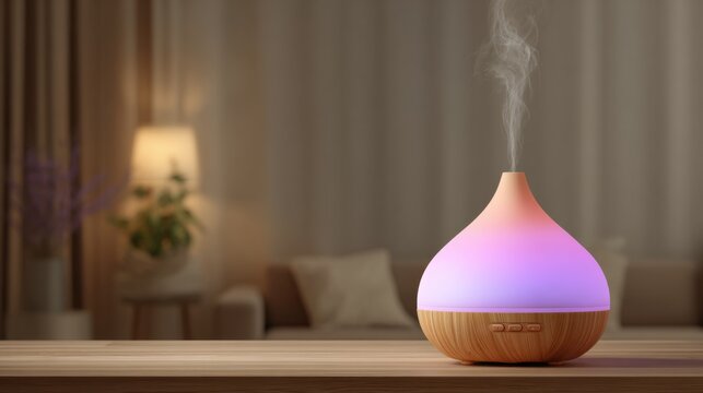 An aroma diffuser emitting gentle mist with ambient light in a cozy room setting
