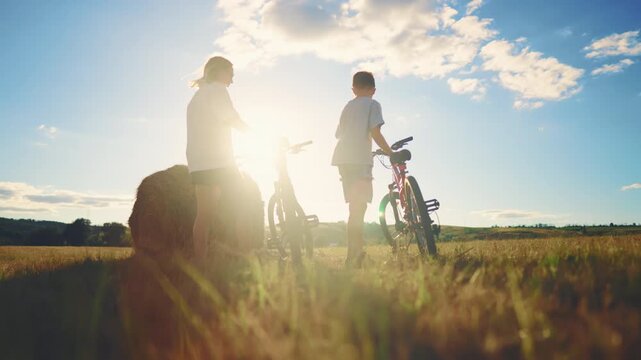 Summer in countryside, rural road and carefree people on bikes, halt in field. Happiness and beauty of simple moments and nature charm, active lifestyle, wellness, and family values, summer vacation