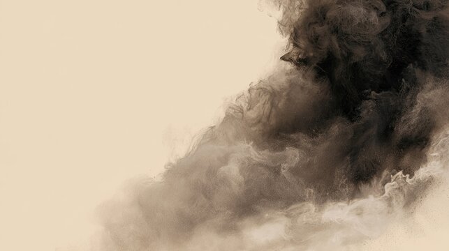 Dark, billowing smoke billows across a muted, pale background