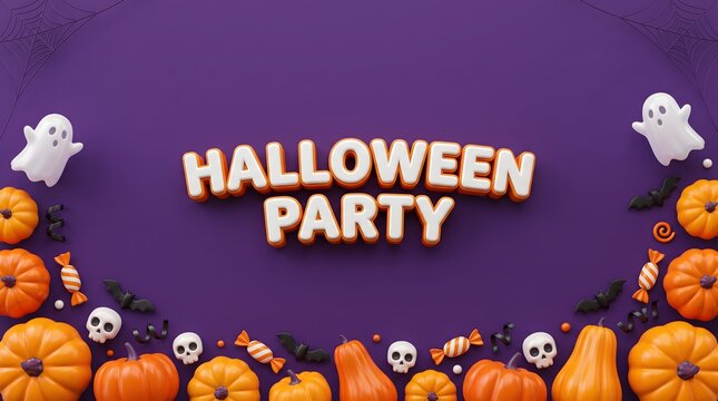 Halloween party banner with pumpkins ghosts and bats on purple background