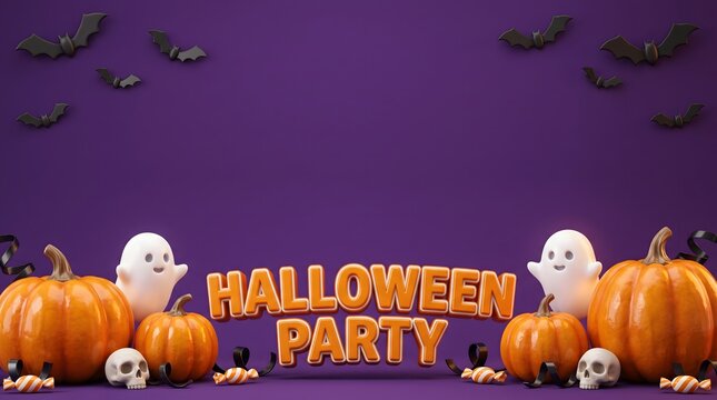 Halloween party scene with pumpkins ghosts bats and orange lettering