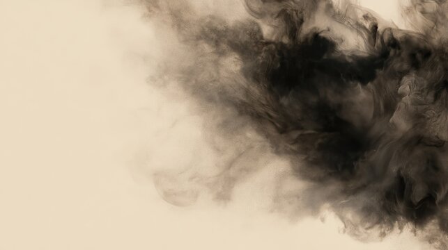 Billowing dark smoke swirls across a soft, light background