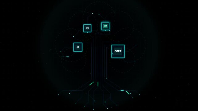 Abstract digital tree with glowing circuits, ai, sys, net, core modules on dark background, symbolizing interconnected technology and computing