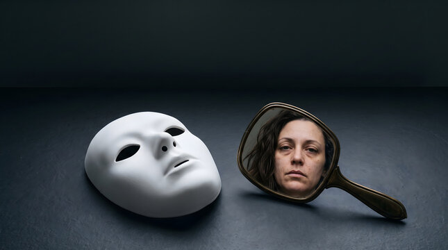 White Ceramic Mask Small Mirror Reflecting Different Raw Face Personal Branding Identity Crisis Authentic Self Lost Performance Concept