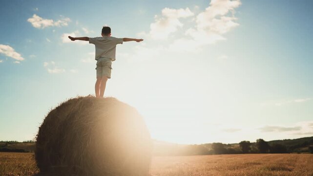 Little dreamer standing on haystack in fields, happy childhood moments of boy. Beautiful rural scenery in countryside, positive emotion and inspiration by nature, merry summer vacation and holidays