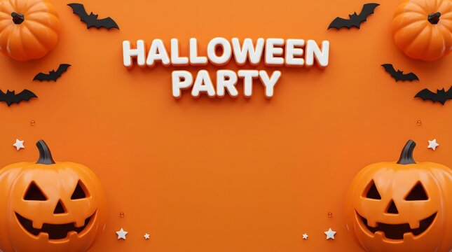 Halloween pumpkins bats and lettering on a vibrant orange background