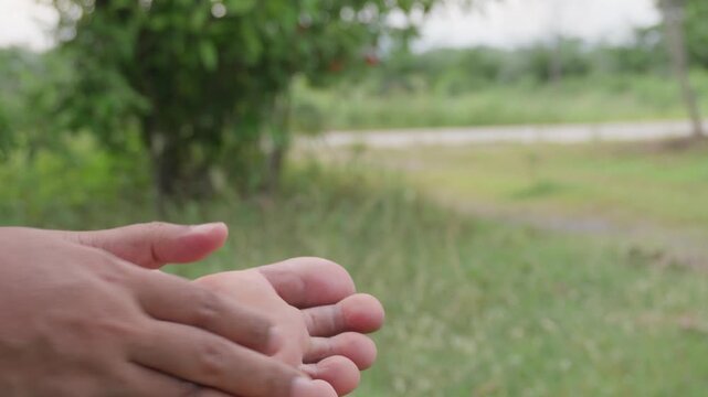 Close-up of person massaging foot sole with hands in natural green garden background, concept of reflexology, health care, body relaxation, spa therapy, and physical wellness.
