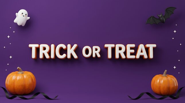 Halloween scene with ghost bats pumpkins and trick or treat text