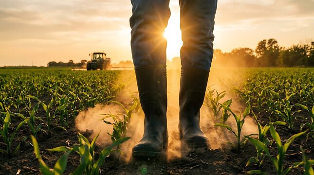 Farmer boots walking through dusty corn field
