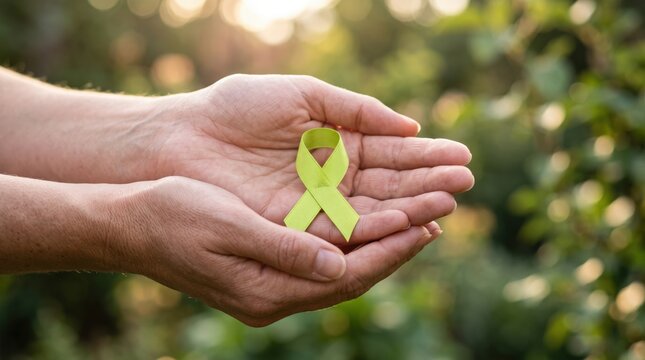 Close up of two hands cupped together holding a small lime green awareness ribbon against a blurred outdoor garden background with soft sunlight