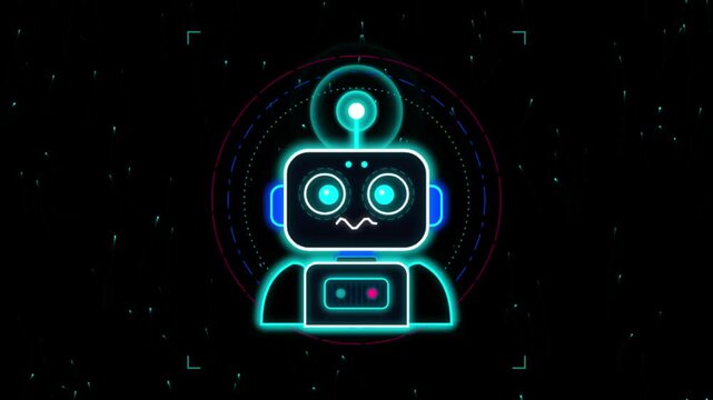 Glowing neon ai chatbot robot icon on dark digital background, futuristic artificial intelligence virtual assistant concept banner