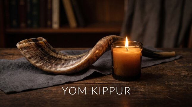 Curved ram horn shofar resting on a grey fabric runner next to a glowing memorial candle on a dark wooden table with blurred bookshelf background