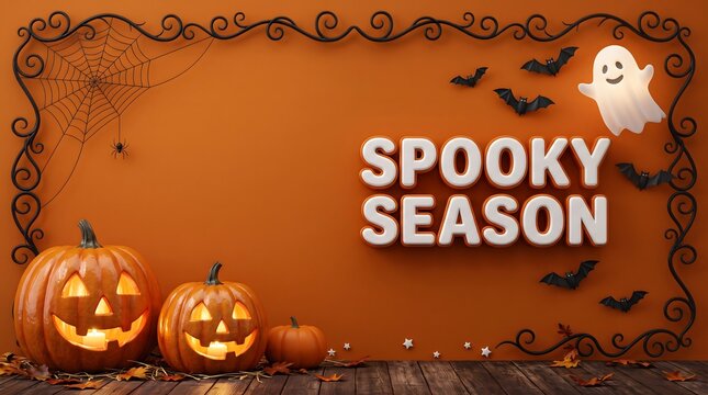 Halloween scene with pumpkins ghost bats and spooky season text