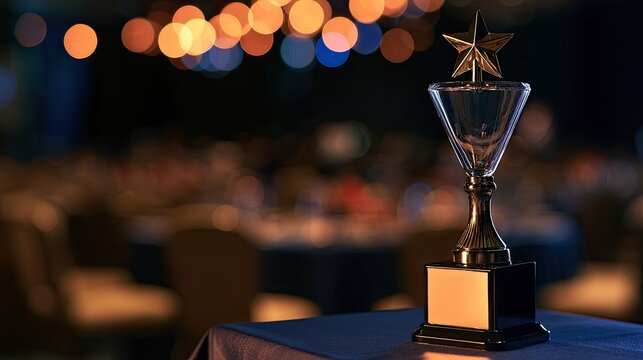 A gleaming trophy with a star on top sits on a table, spotlighted against a blurred event background