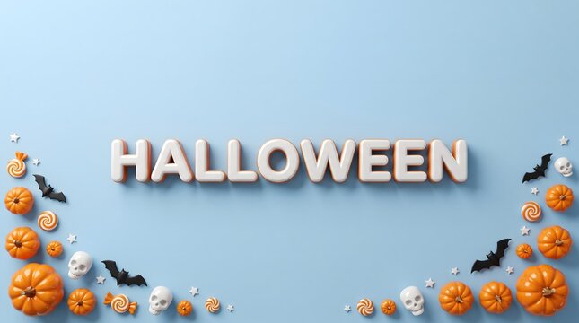 Halloween text with pumpkins skulls and bats on light blue background