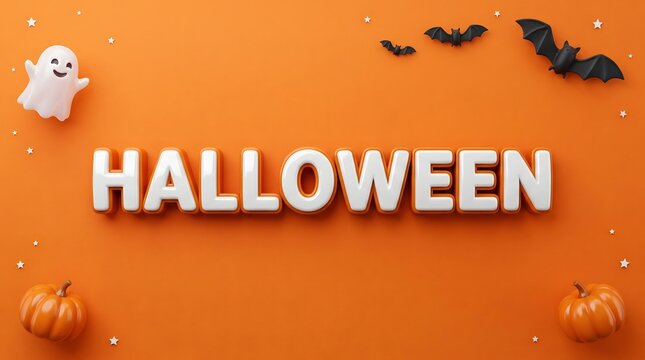 Halloween typography with ghost bats and pumpkins on orange background