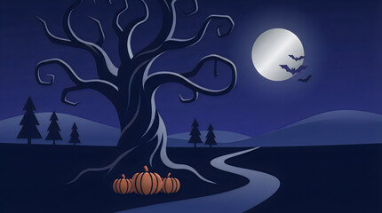 Naklejka premium Spooky Halloween landscape with dead tree and full moon. Dark night background with pumpkins and bats. Eerie forest scene for holiday design. Halloween