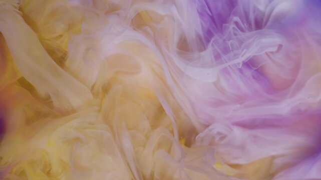 Paint water blend. Cloud mix. Blur white yellow purple color mist bright splash vibrant acrylic texture spreading on abstract art background.