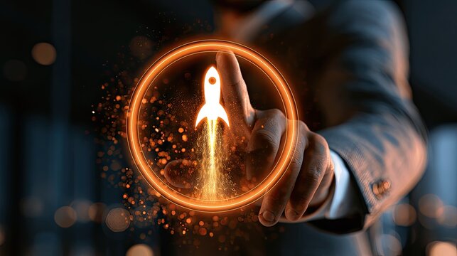 Hand touching glowing rocket icon initiating upward launch with fiery exhaust