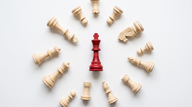 Red chess king piece standing upright in center surrounded by fallen white chess pieces on white, symbolizing leadership, victory, strategy, competition, and success