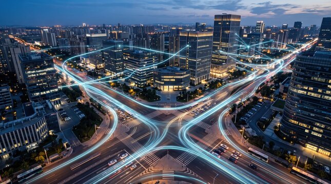 Futuristic smart city intersection at night with glowing blue data streams connecting skyscrapers, representing advanced urban technology, high speed traffic flow