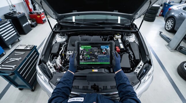 Professional auto mechanic using a rugged tablet computer to perform advanced engine diagnostics and maintenance checks on a modern vehicle in a clean workshop