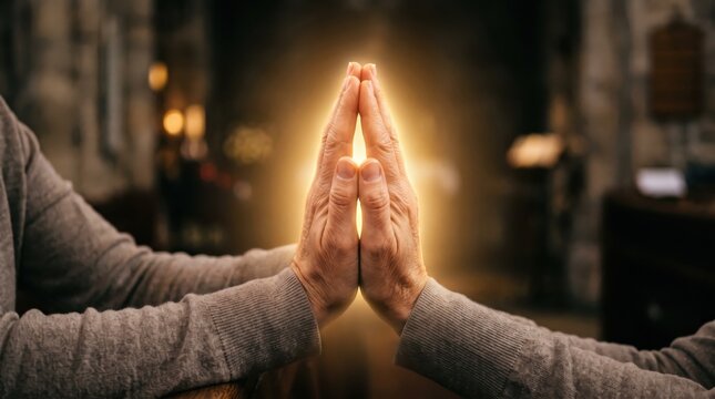 of praying hands with glowing golden light between fingers, symbolizing spirituality, faith, hope, religion, meditation, prayer, divine energy, worship, peace, and spiritual