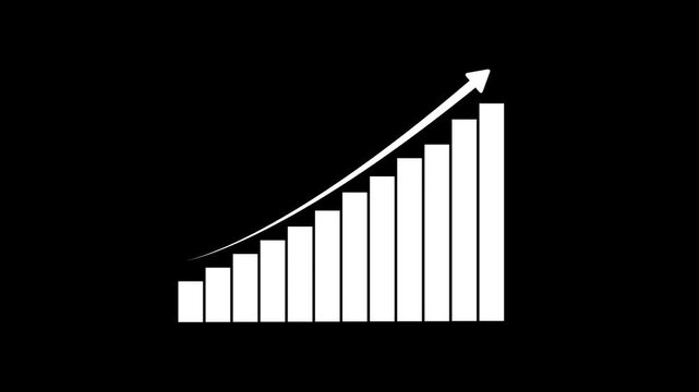 A white bar graph with an upward curving arrow indicating growth and progress is displayed on a solid black background representing financial increase business development and positive trends