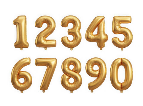 Set of shiny gold foil balloon numbers from zero to nine for celebration isolated on transparent background