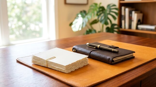 Leather journal and stack of paper on wooden desk
