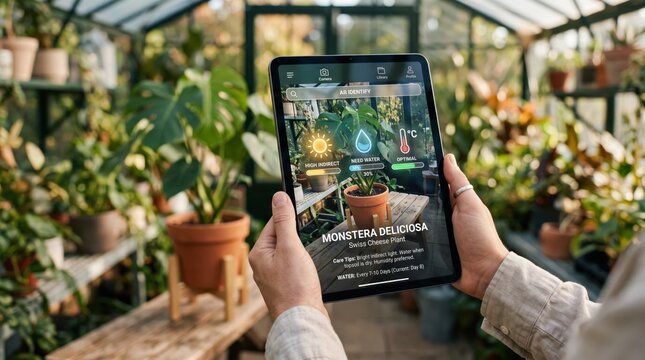 Person holding tablet computer in greenhouse using augmented reality app to identify Monstera Deliciosa plant, displaying care instructions, sunlight, water needs and temperature