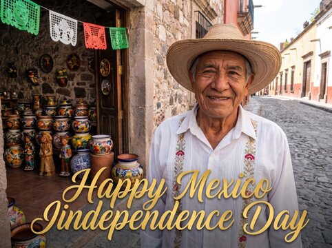 Elderly mexican man wearing a straw sombrero and white embroidered shirt standing in front of a traditional pottery shop decorated with colorful papel picado banners on a cobblestone street