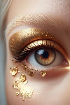 A close-up composition of a single eye with metallic gold eyeshadow extending to the temple in a winged shape, Ai generated image