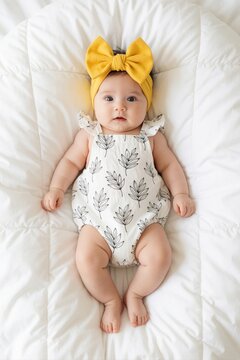 Stylish baby girl lies on white quilted bedspread. Infant wears leaf print romper and large yellow bow headband. Overhead view captures sweet innocent look. Babyhood fashion concept.