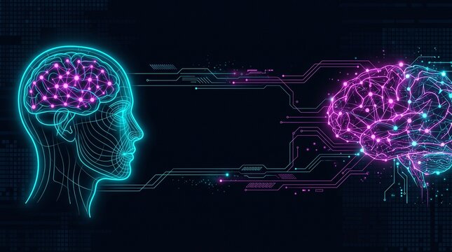 Futuristic Dark AI and Human Collaboration Background with Glowing Neon Interface and Copy Space