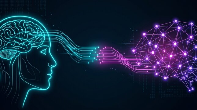 Futuristic Dark AI and Human Collaboration Background with Glowing Neon Interface and Copy Space