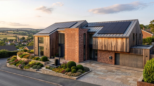 Modern eco friendly house exterior with solar panels and EV charger in green village