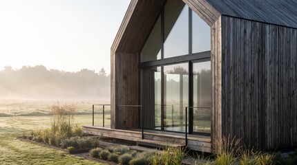 Fototapeta premium Modern minimalist A-frame house with panoramic triangular window
