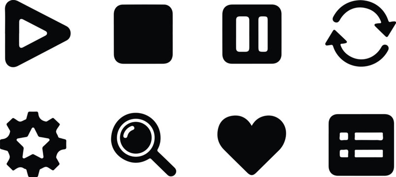 Set of eight minimalist black icons featuring play pause controls settings heart and menu options isolated on transparent background