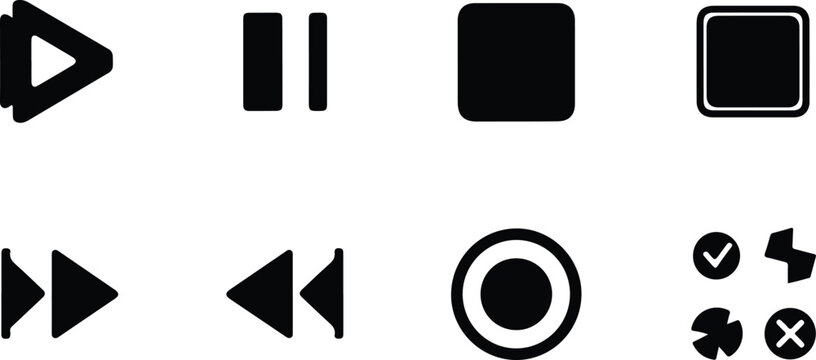 Set of modern media player control icons featuring play pause stop skip and volume symbols isolated on transparent background