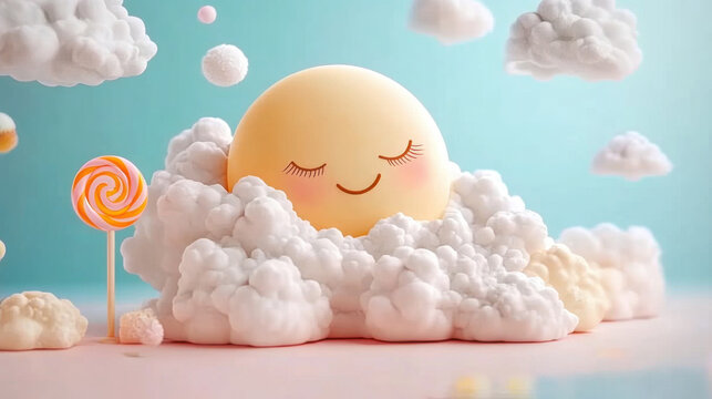 whimsical scene featuring a smiling moon nestled among fluffy clouds