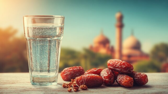 Iftar Spread with Dates and Zamzam Water Near a Mosque