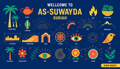 Naklejka premium As-Suwayda Syria Welcome Icon Sheet: Palm Trees, Tea, Fire, Fruit, Mountains, Cityscape, Eyes